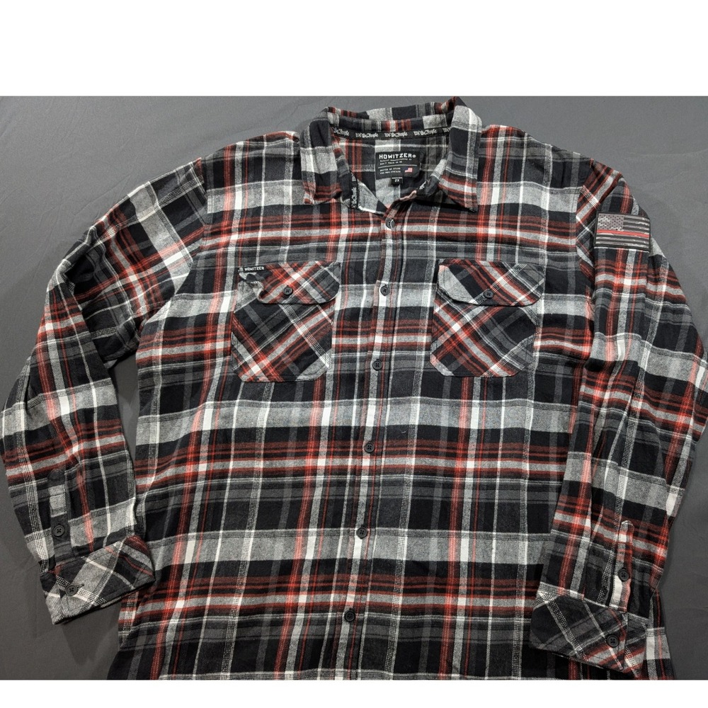 Howitzer Mens 2X Red Black Plaid Flannel Button Down Shirt American Flag Patch